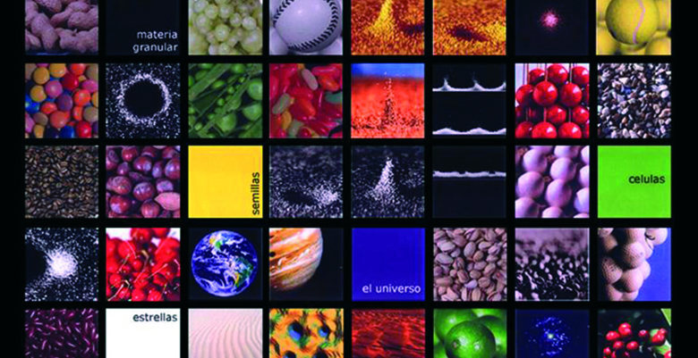 Illustration de l'exposition Sable, avec une mosaïque d'images représentant des grains de différentes tailles et différentes formes.
