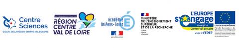 Bandeau des logos du projet Science on tourne ! : Centre-Sciences, région Centre-Val de Loire, Académie Orléans-Tours, Ministère de l'Enseignement supérieur, de la Recherche et de l'Innovation, les Fonds européens du Feder et l'Europe